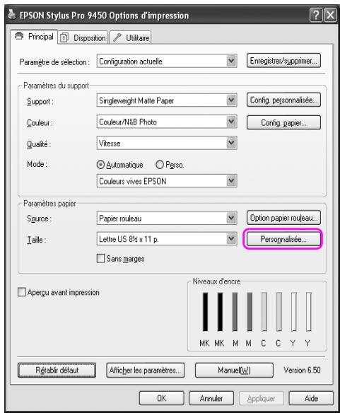 EPSON Stylus Pro 9450 Options d'impression Principal Disposition Utilitaire Paramètre de sélection: Configuration actuelle Enregistrer/supprimer... Paramètres du support Support: Singleweight Matte Paper Config. personnalisée... Couleur: Couleur/NLB Photo Config. papier... Qualité: Vitesse Mode: Automatique Perso. Couleurs vives EPSON Paramètres papier Source: Papier rouleau Option papier rouleau... Taille: Lette US 81⁄2 x 11 p. Personalisée... Sans marges Aperçu avant impression Niveaux d'encre MK MK M M C C Y Y Régérir défaut Afficher les paramètres... Manuel(W) Version 6.50 OK Annulet Appliquer Aide