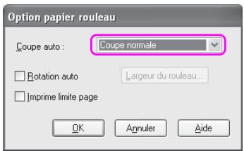 Option papier rouleau Coupe auto : Coupe normale Rotation auto Largeur du rouleau... Imprime limite page OK Annuler Aide