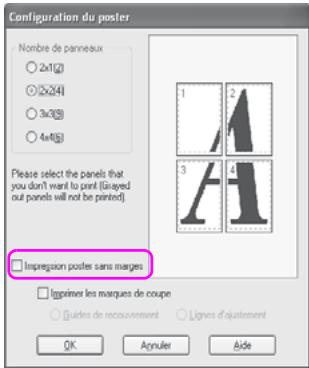 Configuration du poster Nombre de panneaux ○ 2x1(g) ○ (2x24) ○ 3x3(g) ○ 4x4(g) Please select the panels that you don't want to paint [Guaried out panels will not be painted] □ Impression posters sans marges □ l'opriser les marques de coupe ○ Guiders de recouvrement □ Lignes d'ajustrement OK Açruler Aide