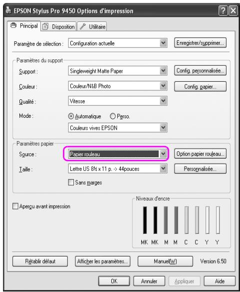 EPSON Stylus Pro 9450 Options d'impression Principal Disposition Utilitaire Paramètre de sélection: Configuration actuelle Enregistrer/supprimer... Paramètres du support Support: Singleweight Matte Paper Config. personnalisée... Couleur: Couleur/N&B Photo Config. papier... Qualité: Vitesse Mode: Automatique Perso. Couleurs vives EPSON Paramètres papier Splice: Papier rouleau Option papier rouleau... Taille: Lettre US 81⁄2 x 11 p. > 44pouces Personalisée... Sans marges Aperçu avant impression Niveaux d'encre MK MK M M C C Y Y Régérir défaut Alficher les paramètres... Manuel(W) Version 6.50 OK Annuler Appliquer Aide