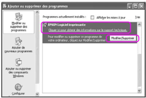 Ajouter ou supprimer des programmes Modér ou supprimer des programmes Ajouter de gouveaux programmes Ajouter ou supprimer des composants Windows Configurer Programmes actuellement installés : Affirger les mises à jour Trie EPSON Logiciel Imprimante Clouet infour obtenir des informations sur le support technique. Pour modifier ou supprimer ce programme de votre ordinateur, clouet sur Modifier/Supprimer Modifier/Supprimer