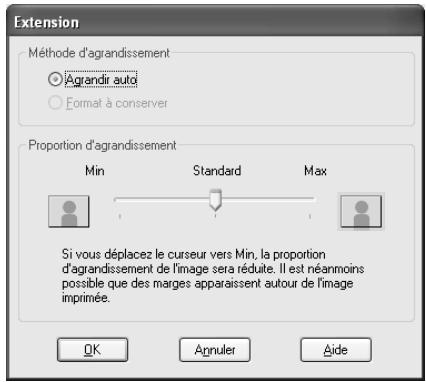 Extension Méthode d'agrandissement ○ Agrandir auto ○ Format à conserver Proportion d'agrandissement Min Standard Max Si vous déplacez le curseur vers Min, la proportion d'agrandissement de l'image sera réduite. Il est néanmoins possible que des marges apparaissent autour de l'image imprimée. OK Annuler Aide