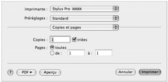 Imprimante : Stylus Pro XXXX Préréglages : Standard Copies et pages Copies : 1 triées Pages : toutes de : 1 à : 1 ? PDF ▼ Aperçu Annuler Imprimer
