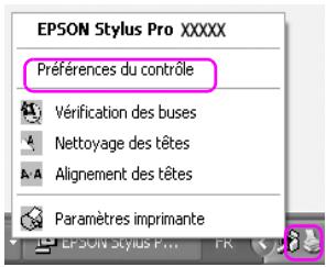 EPSON Stylus Pro XXXXX Préférences du contrôle Vérification des buses Nettoyage des têtes Alignement des têtes Paramètres imprimante