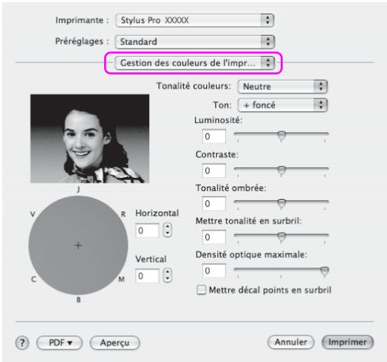 Imprimante : Stylus Pro XXXXX Préréglages : Standard Gestion des couleurs de l'impr... Tonalité couleurs: Neutre Ton: + foncé Luminosité: 0 Contraste: 0 Tonalité ombrée: 0 Mettre tonalité en surbril: 0 Densité optique maximale: 0 □ Mettre décal points en surbril ? PDF ▼ Aperçu Annuler Imprimer