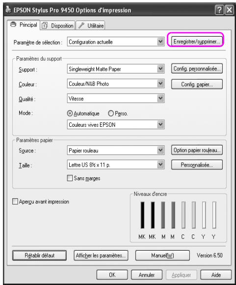 EPSON Stylus Pro 9450 Options d'impression Principal Disposition Utilitaire Paramètre de sélection: Configuration actuelle Enregistrer/supprimer... Paramètres du support Support: Singleweight Matte Paper Config. personnalisée... Couleur: Couleur/N&B Photo Config. papier... Qualité: Vitesse Mode: Automatique Perso. Couleurs vives EPSON Paramètres papier Source: Papier rouleau Option papier rouleau... Taille: Lettre US 8¼ x 11 p. Personalisée... Sans marges Aperçu avant impression Niveaux d'encre MK MK M M C C Y Y Régérir défaut Afficher les paramètres... Manuel(W) Version 6.50 OK Annulet Appliquer Aide