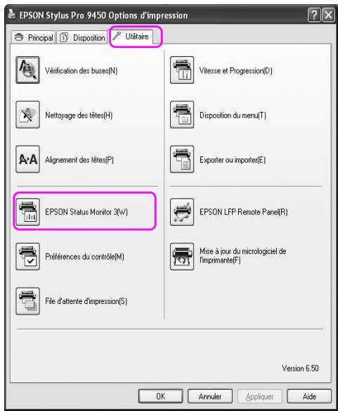 EPSON Stylus Pro 9450 Options d'impression Principal Disposition/Ulitaire Vérification des buses(N) Nettoyage des têtes(H) Alignement des têtes(F) EPSON Status Monitor 3(W) Préférences du contrôle(M) File d'altente d'impression(S) Vitesse et Progression(D) Disposition du menu(T) Exporter ou importer(E) EPSON LFP Remote Panel(R) Mise à jour du micrologiciel de l'imprimante(F) Version 6.50 OK Annulet Appliquer Aide