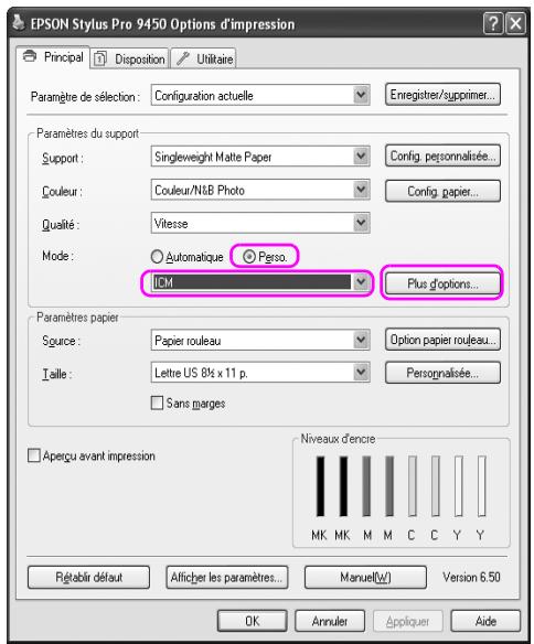 EPSON Stylus Pro 9450 Options d'impression Principal Disposition Utilitaire Paramètre de sélection : Configuration actuelle Enregistrer/supprimer... Paramètres du support Support : Singleweight Matte Paper Config. personnalisée... Couleur : Couleur/N&B Photo Config. papier... Qualité : Vitesse Mode : Automatique Perso. LM Plus d'options... Paramètres papier Source : Papier rouleau Option papier rouleau... Taille : Lettre US 8¼ x 11 p. Persignalisée... Sans marges Aperçu avant impression Niveaux d'encre MK MK M M C C Y Y Régérir défaut Afficher les paramètres... Manuel(w) Version 6.50 OK Annuler Appliquer Aide