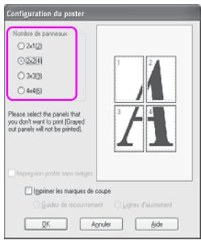 Configuration du poster Nombre de panneaux ○ 2×1(2) ○ 2×2(4) ○ 3×3(5) ○ 4×4(6) Please select the panels that you don't want to print (Brayed out panels will not be printed). □ Impression poster sans marges □ Inprimer les marques de coupe ○ Guides de recouvrement ○ Lignes d'auquatement OK Agrules Bide
