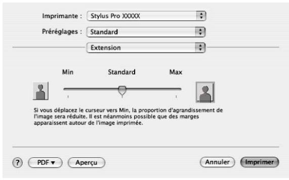 Imprimante : Stylus Pro XXXXX Préréglages : Standard Extension Min Standard Max Si vous déplacez le curseur vers Min, la proportion d'agrandissement de l'image sera réduite. Il est néanmoins possible que des marges apparaissent autour de l'image imprimée. ? PDF ▼ Aperçu Annuler Imprimer