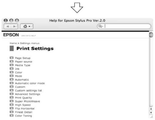 Help for Epson Stylus Pro Ver.2.0 EPSON DRIVER'S HELP Home > Settings menus Print Settings Page Setup Paper source Media Type Ink Color Mode Automatic Automatic color mode Custom Custom settings list Advanced Settings Print Quality Super MicroWeave High Speed Flip Horizontal Finest Detail Color Toning