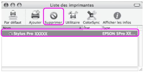Liste des imprimantes Par défaut Ajouter Supprimer Utilitaire ColorSync Afficher les infos Nom Stat Type Stylus Pro XXXXX EPSON SPro XX...