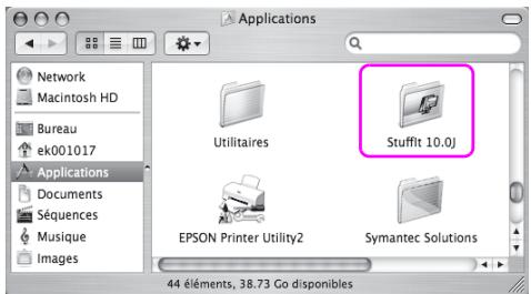 Network Macintosh HD Bureau ek001017 Applications Documents Séquences Musique Images Applications Utilitaires Stuffit 10.0J EPSON Printer Utility2 Symantec Solutions 44 éléments, 38.73 Go disponibles