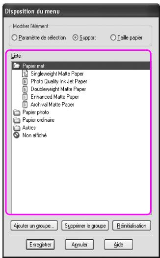 Disposition du menu Modifier l'élément Paramètre de sélection Support Taille papier Liste Papier mat Singleweight Matte Paper Photo Quality Ink Jet Paper Doubleweight Matte Paper Enhanced Matte Paper Archival Matte Paper Papier photo Papier ordinaire Autres Non affiché Ajouter un groupe Supprimer le groupe Réinitialisation Enregistrer Appuler Aide