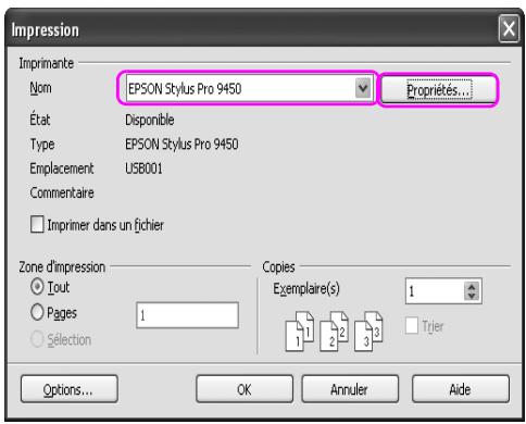 Impression Imprimante Nom EPSON Stylus Pro 9450 Propriétés... État Disponible Type EPSON Stylus Pro 9450 Emplacement USB001 Commentaire Imprimer dans un fichier Zone d'impression Tout Pages 1 Sélection Copies Exemplaire(s) 1 1 2 3 Trier Options... OK Annuler Aide