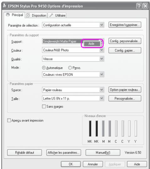 EPSON Stylus Pro 9450 Options d'impression Principal Disposition Utilitaire Paramètre de sélection : Configuration actuelle Enregistrer/suppimer... Paramètres du support Support : Singleweight Matte Paper Aide Config. personnalisée... Couleur : Couleur/N&B Photo Config. papier... Qualité : Vitesse Mode : Automatique Perso. Couleurs vives EPSON Paramètres papier Source : Papier rouleau Option papier rouleau... Taille : Lettre US 8½ x 11 p. Persognalisée... Sans marges Apergu avant impression Niveaux d'encre MK MK M M C C Y Y Rétabir défaut Afficher les paramètres... Manuel(W) Version 6.50 OK Annuler Appliquer Aide