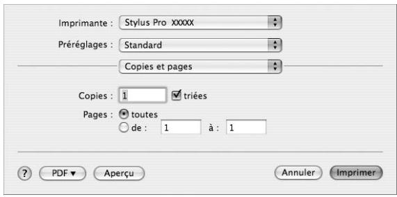 Imprimante : Stylus Pro XXXX Préréglages : Standard Copies et pages Copies : 1 triées Pages : toutes de : 1 à : 1 ? PDF ▼ Aperçu Annuler Imprimer