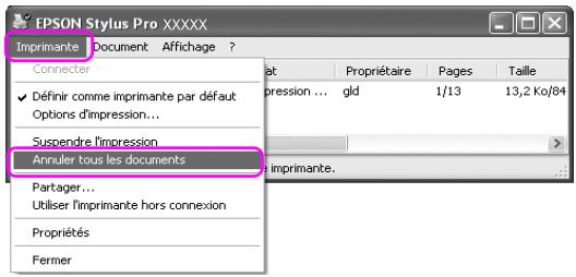 EPSON Stylus Pro XXXXX Imprimante Document Affichage ? Connector Définir comme imprimante par défaut Options d'impression... Suspendre l'impression Annuler tous les documents Partager... Utiliser l'imprimante hors connexion Propriétés Fermer