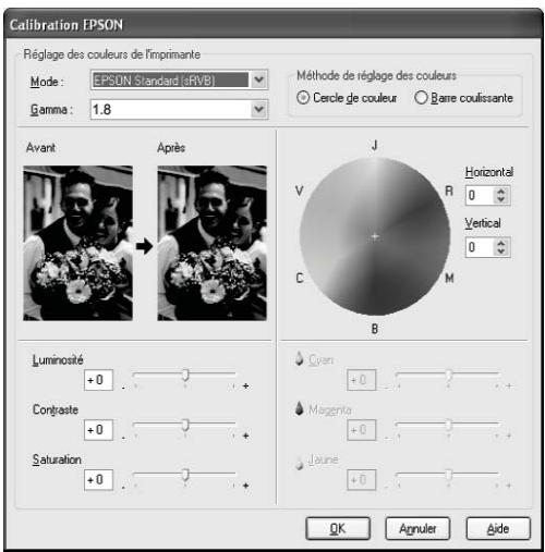 Calibration EPSON Réglage des couleurs de l'imprimante Mode : EPSON Standard (eRVB) Gamma : 1.8 Méthode de réglage des couleurs ○ Circle ge couleur ○ Bare coulissante Avant Après J Horizontal 0 Vertical 0 C M B Luminosté +0 Contraste +0 Saturation +0 Cyan +0 Magnito +0 Laune +0 OK Annuler Éide