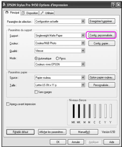 EPSON Stylus Pro 9450 Options d'impression Principal Disposition Utilitaire Paramètre de sélection: Configuration actuelle Enregistrer/supprimer... Paramètres du support Support: Singleweight Matte Paper Config. personnalisée... Couleur: Couleur/NLB Photo Config. papier... Qualité: Vitesse Mode: Automatique Perso. Couleurs vives EPSON Paramètres papier Source: Papier rouleau Option papier rouleau... Taille: Lettre US 8¼ x 11 p. Personnalisée... Sans marges Aperçu avant impression Niveaux d'encre MK MK M M C C Y Y Régérir défaut Afficher les paramètres... Manuel(W) Version 6.50 OK Annulet Appliquer Aide