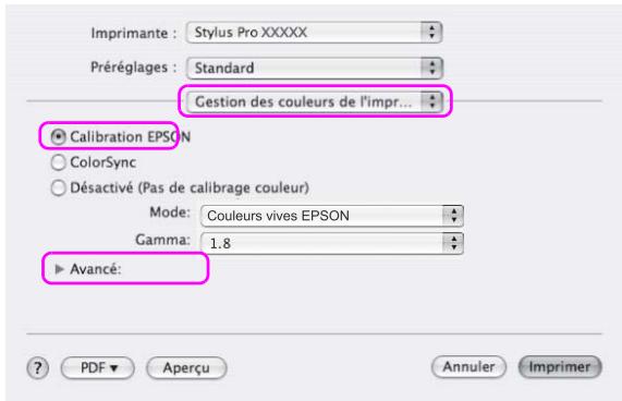 Imprimante : Stylus Pro XXXXX Préréglages : Standard Gestion des couleurs de l'impr... Calibration EPSON ColorSync Désactivé (Pas de calibrage couleur) Mode: Couleurs vives EPSON Gamma: 1.8 Avancé: