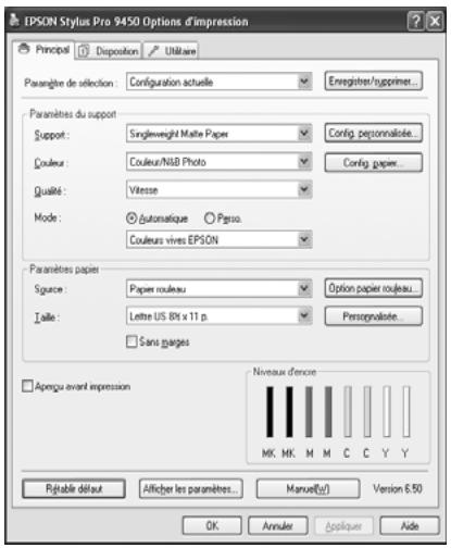 IPSON Stylus Pro 9450 Options d'impression Principal Disposition Utilisation Paragène de sélection: Configuration actuelle Enregistrer/supprimer... Paramètres du support Support: Singleweight Matte Paper Config personnaliste... Coulee: Couleur/NLB Photo Config paper... Qualité: Vitesse Mode: Automatic PQPSO Couleurs vivres EPSON Paramètres papier Source: Papier rouleau Option papier rouleau Taille: Leitre US 81s x 11 p. Sans pages Personnaliste... Apengue avant impression Niveau d'encro MK MK M M C C Y Y Régable défaut Afficher les paramètres... Manuel(F) Version 6.50 OK Annules Applique Aide