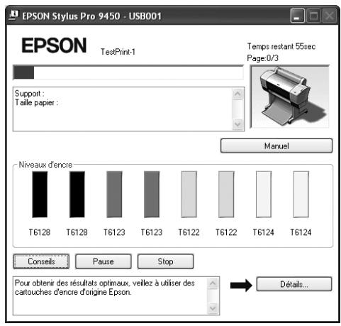 EPSON Stylus Pro 9450 - USB001 TestPrint-1 Support : Taille papier : Temps restant 55sec Page:0/3 Manuel Niveaux d'encre T6128 T6128 T6123 T6123 T6122 T6122 T6124 T6124 Conseils Pause Stop Pour obtenir des résultats optimaux, veillez à utiliser des cartouches d'encre d'origine Epson. Détalis...