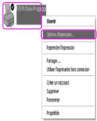 Ouvrir Options d'impression... Reprendre l'impression Partager... Utiliser l'imprimante hors connexion Créer un raccouri Supprimer Renommer Propriétés