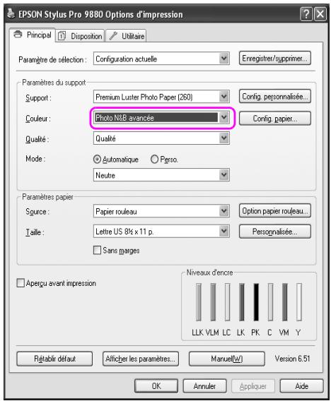 EPSON Stylus Pro 9880 Options d'impression Principal Disposition Utilitaire Paramètre de sélection : Configuration actuelle Enregistrer/supprimer... Paramètres du support Support : Premium Luster Photo Paper (260) Config. personnalisée... Couleur : Photo N&B avancée Config. papier... Qualité : Qualité Mode : Automatique Perso. Neutre Paramètres papier Source : Papier rouleau Option papier rouleau... Taille : Lettre US 81⁄2 x 11 p. Persognalisée... Sans marges Aperçu avant impression Niveaux d'encre LLK VLM LC LK PK C VM Y Rétabli défaut Afficher les paramètres... Manuel(W) Version 6.51 OK Annuler Appliquer Aide