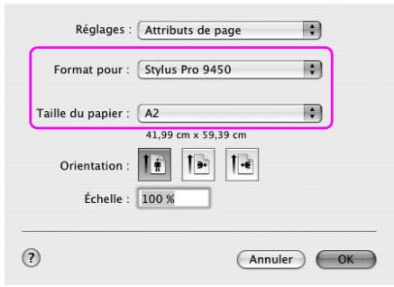Réglages : Attributs de page Format pour : Stylus Pro 9450 Taille du papier : A2 41,99 cm x 59,39 cm Orientation : Échelle : 100 % Annuler OK