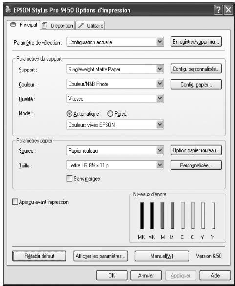 EPSON Stylus Pro 9450 Options d'impression Principal Disposition Utilitaire Paramètre de sélection: Configuration actuelle Enregistrer/supprimer... Paramètres du support Support: Singleweight Matte Paper Config. personnalisée... Couleur: Couleur/N&B Photo Config. papier... Qualité: Vitesse Mode: Automatique Perso. Couleurs vives EPSON Paramètres papier Spure: Papier rouleau Option papier rouleau... Taille: Lettre US 81⁄2 x 11 p. Personalisée... Sans marges Aperçu avant impression Niveaux d'encre MK MK M M C C Y Y Régérir défaut Afficher les paramètres... Manuel(W) Version 6.50 OK Annulet Appliquer Aide