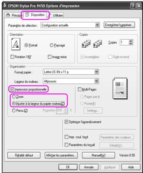 EPSON Stylus Pro 9450 Options d'impression Principal Disposition Utilitaire Paramètre de sélection: Configuration actuelle Enregistrer/supprimer... Orientation Portrait Paysage Rotation 180° Image mirror Copies Assemblées Copies 1 Organisation Format papier: Lette US 8½ x 11 p. Lageur du rouleau: 44pouces Impression proportionnelle Zoom Ajuster à la largeur du papier rouleau Perso Proportion 515 % Multi-Pages Pages par [e] Poster(E) Settings... Optinizer l'agrandissement Impr. coul. fond Paramètres des couleurs... Paramètres du travail Détail(Y)... Rétablir défaut Alficher les paramètres... Manuell(W) Version 6.50 OK Annuler Appliquer Aide