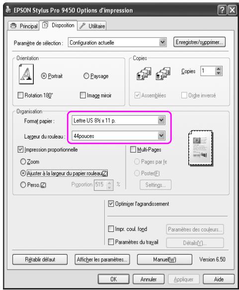 EPSON Stylus Pro 9450 Options d'impression Principal Disposition Utilitaire Paramètre de sélection : Configuration actuelle Enregistrer/supprimer... Orientation Portrait Paysage Rotation 180° Image mirror Copies Assemblées Copies 1 Organisation Format papier : Lette US 8½ x 11 p. Lageur du rouleau : 44pouces Impression proportionnelle Zoom Ajuster à la largeur du papier rouleau Perso Proportion 515 % Multi-Pages Pages par le Poster(E) Settings... Optimiser l'agrandissement Impr. coul. fond Paramètres des couleurs... Paramètres du travail Détalant(1)... Régérir défaut Alficher les paramètres... Manuel(W) Version 6.50 OK Annulet Appliquer Aide