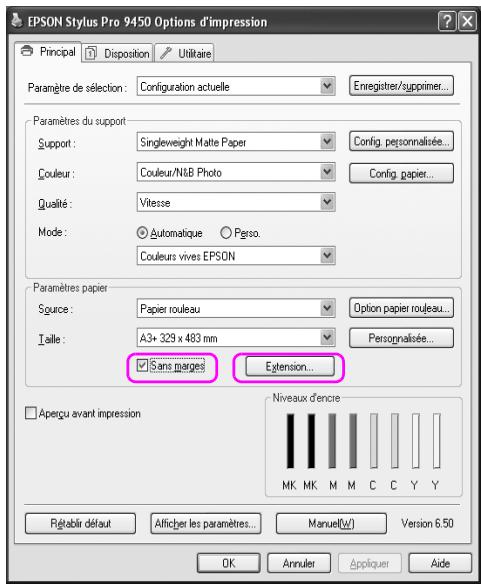 EPSON Stylus Pro 9450 Options d'impression Principal Disposition Utilitaire Paramètre de sélection: Configuration actuelle Enregistrer/supprimer... Paramètres du support Support: Singleweight Matte Paper Config. personnalisée... Couleur: Couleur/N&B Photo Config. papier... Qualité: Vitesse Mode: Automatique Perso. Couleurs vives EPSON Paramètres papier Spure: Papier rouleau Option papier rouleau... Taille: A3+ 329 x 483 mm Personalisée... Sans marges Extension... Aperçu avant impression Niveaux d'encre MK MK M M C C Y Y Régérir défaut Afficher les paramètres... Manuel(W) Version 6.50 OK Annulet Appliquer Aide