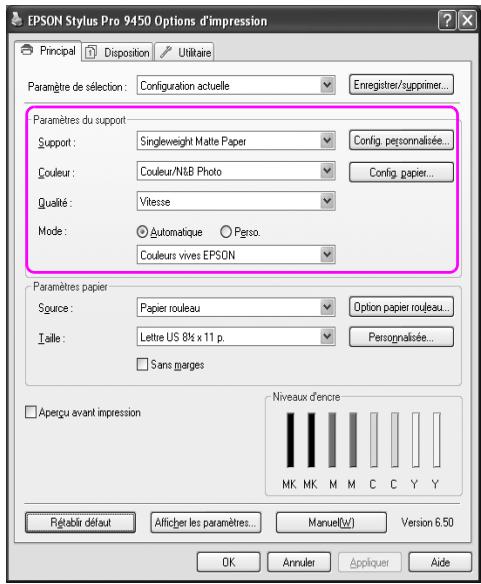 EPSON Stylus Pro 9450 Options d'impression Principal Disposition Utilitaire Paramètre de sélection: Configuration actuelle Enregistrer/supprimer... Paramètres du support Support: Singleweight Matte Paper Config. personnalisée... Couleur: Couleur/N&B Photo Config. papier... Qualité: Vitesse Mode: Automatique Perso. Couleurs vives EPSON Paramètres papier Spaue: Papier rouleau Option papier rouleau... Taille: Lettre US 81⁄2 x 11 p. Personalisée... Sans marges Aperçu avant impression Niveaux d'encre MK MK M M C C Y Y Régérir défaut Afficher les paramètres... Manuel(W) Version 6.50 OK Annulet Appliquer Aide