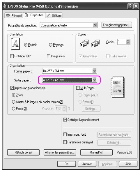 EPSON Stylus Pro 9450 Options d'impression Principal Disposition Utilitaire Paramètre de sélection: Configuration actuelle Enregistrer/supprimer... Orientation Portrait Paysage Rotation 180 Image miroir Copies Assemblées Dirgie inversé Organisation Format papier: B4 257 x 364 mm Sofie papier: A3 297 x 420 mm Impression proportionnelle Multi-Pages Zoom Pages par [e Ajuster à la largeur du papier rouleau Poste[F] Perso Prioportion 113 % Settings... Optinizer l'agrandissement Impr. coul. fond Paramètres des couleurs... Paramètres du travail Détail(y)... Régérér défaut Alficher les paramètres... Manuel(w) Version 6.50 OK Annulet Appliquer Aide