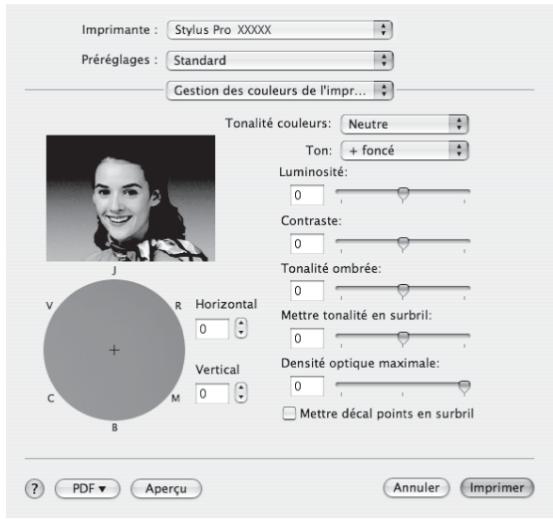 Imprimante : Stylus Pro XXXXX Préréglages : Standard Gestion des couleurs de l'impr... Tonalité couleurs: Neutre Ton: + foncé Luminosité: 0 Contraste: 0 Tonalité ombrée: 0 Mettre tonalité en surbril: 0 Densité optique maximale: 0 □ Mettre décal points en surbril J V R Horizontal 0 Vertical C M B ? PDF ▼ Aperçu Annuler Imprimer