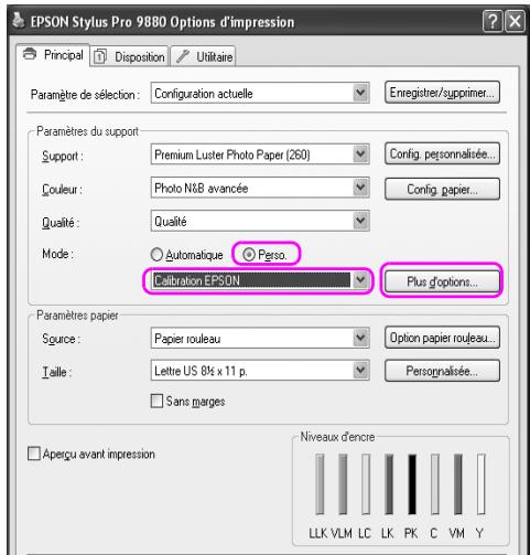 EPSON Stylus Pro 9880 Options d'impression Principal Disposition Utilitaire Paramètre de sélection : Configuration actuelle Enregistrer/supprimer... Paramètres du support Support : Premium Luster Photo Paper (260) Config. personnalisée... Couleur : Photo N&B avancée Config. papier... Qualité : Qualité Mode : Automatique Pergio. Calibration EPSON Plus d'options... Paramètres papier Source : Papier rouleau Option papier rouleau... Taille : Lettre US 81⁄4 x 11 p. Persognalisée... Sans marges Aperçu avant impression Niveaux d'encre LLK VLM LC LK PK C VM Y