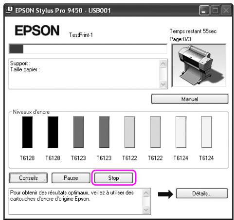 EPSON Stylus Pro 9450 - USB001 TestPrint-1 Support : Taille papier : Temps restant 55sec Page:0/3 Manuel Niveaux d'encre T6128 T6128 T6123 T6123 T6122 T6122 T6124 T6124 Consells Pause Stop Pour obtenir des résultats optimaux, veillez à utiliser des cartouches d'encre d'origine Epson. Détails...