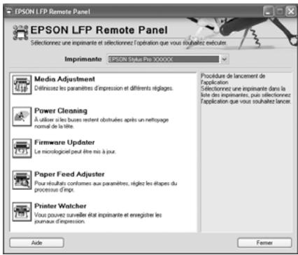 EPSON LFP Remote Panel EPSON LFP Remote Panel Selectionnez une imprimante et sélectionnez l'opération que vous souhaitez exécutes. Imprimento EPSON Style Pro XXXXXX Media Adjustment Déinssatz les paramètres d'impression et différents réglages. Power Cleaning À utilise s'il les buzes restent obstacles après un nettoyage normal de la titre. Firmware Updater Le micrologiciel peut être mis à pour. Paper Feed Adjuster Pour résultats conformes aux paramètres, réglez les étapes du processus d'impt. Printer Watcher Vous pouvez surveiller était imprimante et enregistrer les journaux d'impression. Procedure de lancement de Application Selectionnez une imprimante dans la liste des imprimantes, puis sélectionnez Application que vous souhaitez lances. Aide Femer