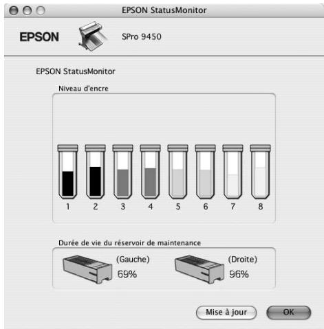 EPSON StatusMonitor EPSON SPro 9450 EPSON StatusMonitor Niveau d'encre 1 2 3 4 5 6 7 8 Durée de vie du réservoir de maintenance (Gauche) 69% (Droite) Mise à jour OK