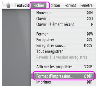 TextEdit Fichier Nouveau Ouvrir... Ouvrir l'élément récent Fermer Enregistrer Enregistrer sous... Tout enregistrer Revenir à la version enregistrée Afficher les propriétés Format d'impression... Imprimer...