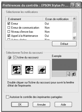Préférences du contrôle : EPSON Stylus Pr... Sélectionner les notifications Evénement Ecran de notification ☑ Erreur Oui ☐ Erreur de communication Non ☐ Niveau d'encre bas Non ☑ Appel à la Maintenance Oui ☐ Autres clôtes Non Défaut Sélectionner l'icône du raccourci ☑ Icône du raccourci Exemple Double cliquer sur l'icône du raccourci pour ouvrir la fenêtre d'état de l'imprimante. ☐ Autoriser le contrôle des imprimantes partagées OK Annuler Aide