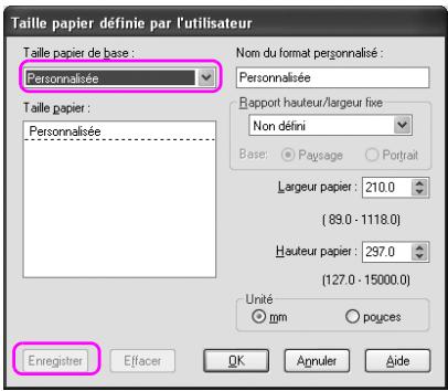 Taille papier définie par l'utilisateur Taille papier de base : Personnalisée Taille papier : Personnalisée Nom du format personnalisée : Personnalisée Rapport hauteur/largeur fixe Non défini Base: ○ Paysage ○ Portrait Largeur papier : 210.0 (89.0 - 1118.0) Hauteur papier : 297.0 (127.0 - 15000.0) Unité ○ mm ○ pouces Enregistrer Effacer OK Annuler Aide