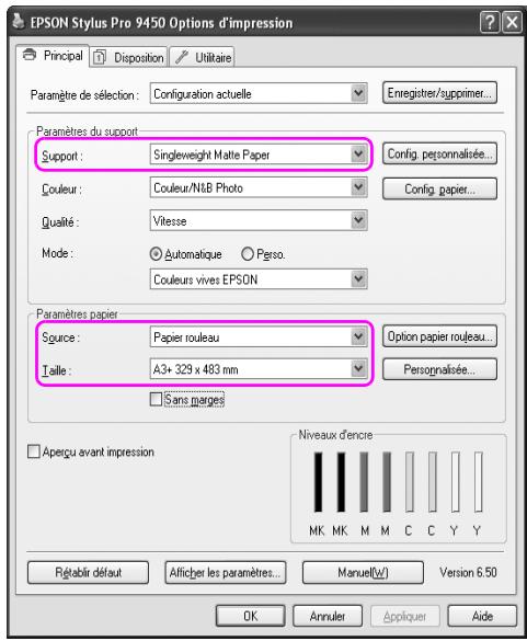 EPSON Stylus Pro 9450 Options d'impression Principal Disposition Utilitaire Paramètre de sélection: Configuration actuelle Enregistrer/supprimer... Paramètres du support Support: Singleweight Matte Paper Config. personnalisée... Couleur: Couleur/NLB Photo Config. papier... Qualité: Vitesse Mode: Automatique Perso. Couleurs vives EPSON Paramètres papier Spure: Papier rouleau Option papier rouleau... Taille: A3+ 329 x 483 mm Personalisée... Sans marges Aperçu avant impression Niveaux d'encre MK MK M M C C Y Y Régérir défaut Afficher les paramètres... Manuel(W) Version 6.50 OK Annulet Appliquer Aide