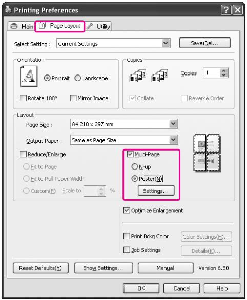 EPSON STYLUS PRO 7900 - Cliquez sur l'onglet Page Layout (Disposition), cochez la case Multi-Page (Multi-pages), sélectionnez Poster, puis cliquez sur Settings (Configuration). - 1