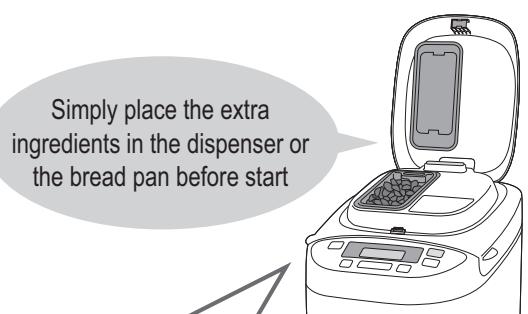 Simply place the extra ingredients in the dispenser or the bread pan before start