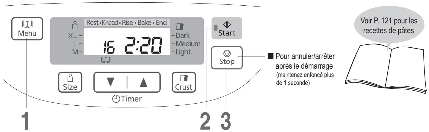 Menu Rest • Knead • Rise • Bake • End XL - 16 2:20 -L- M- -Dark -Medium -Light Start Size Timer Crust Stop Pour annuler/arrêter après le démarrage (maintenez enfoncé plus de 1 seconde) Voir P. 121 pour les recettes de pâtes 1 2 3