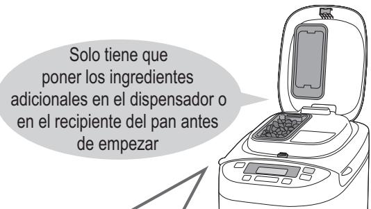 Solo tiene que poner los ingredientes adicionales en el dispensador o en el recipiente del pan antes de empezar