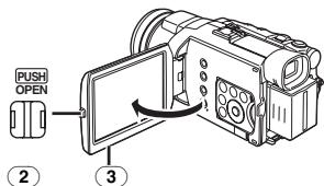 PANASONIC NV-GS24 - Appuyez sur la touche [PUSH OPEN] ② et dégagez l'écran à cristaux liquides ③ dans le sens de la flèche. - 1
